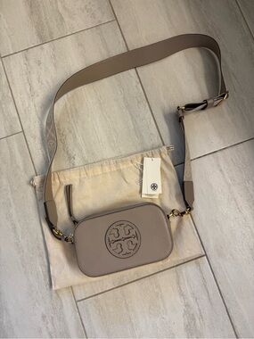 Tory Burch Taupe Pebbled Leather Camera Crossbody with Logo